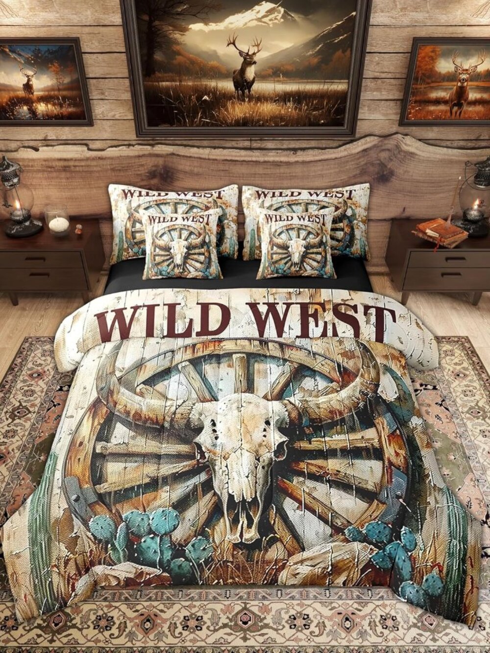Bull Skull 7 Piece Sheet Set Bed in A Bag Queen Size for Kids Boys Vintage Ameri